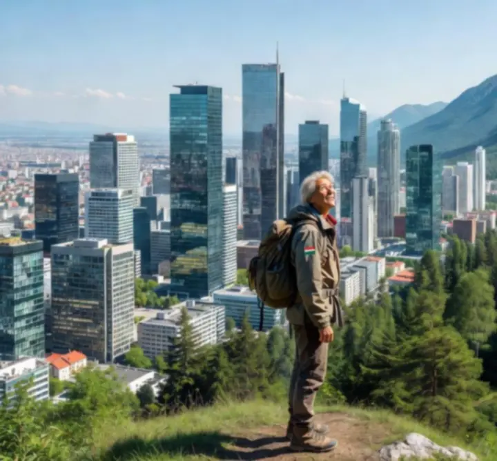 Városi panoráma és hegyi táj megosztva egy képen